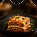 A freshly prepared lasagne plated for a guest.