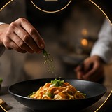An Italian chef finishing a plated pasta dish.