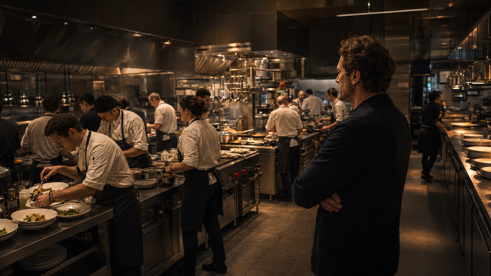 A busy traditional restaurant kitchen brigade at work.