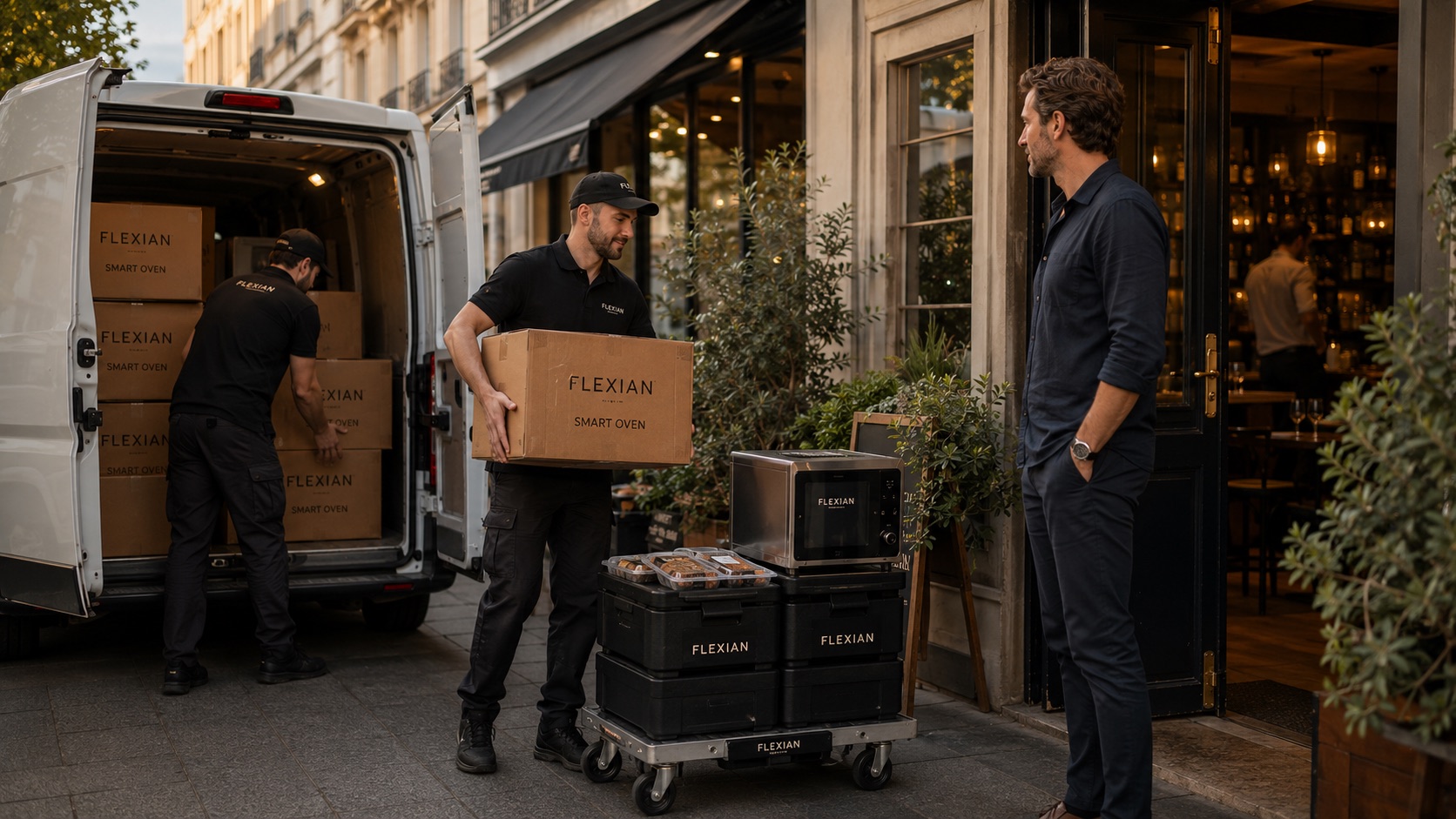 Flexian smart ovens and meals delivered to a restaurant.