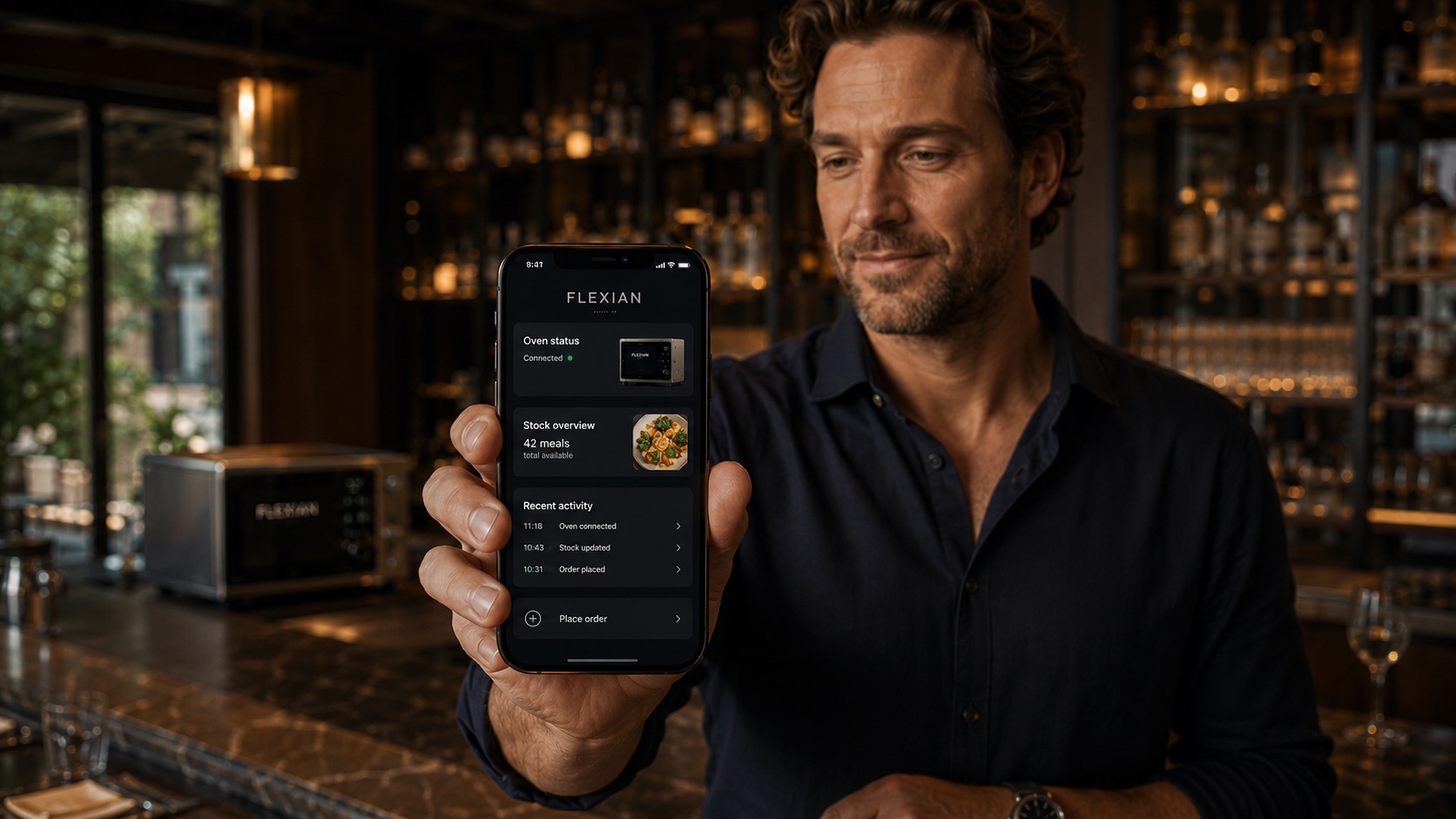 The Flexian app showing oven status, stock and orders on a phone.