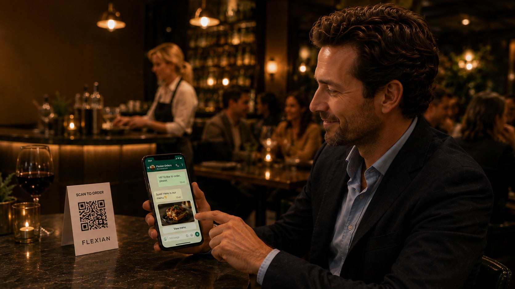 A guest orders from the Flexian WhatsApp menu via a QR code at the table.