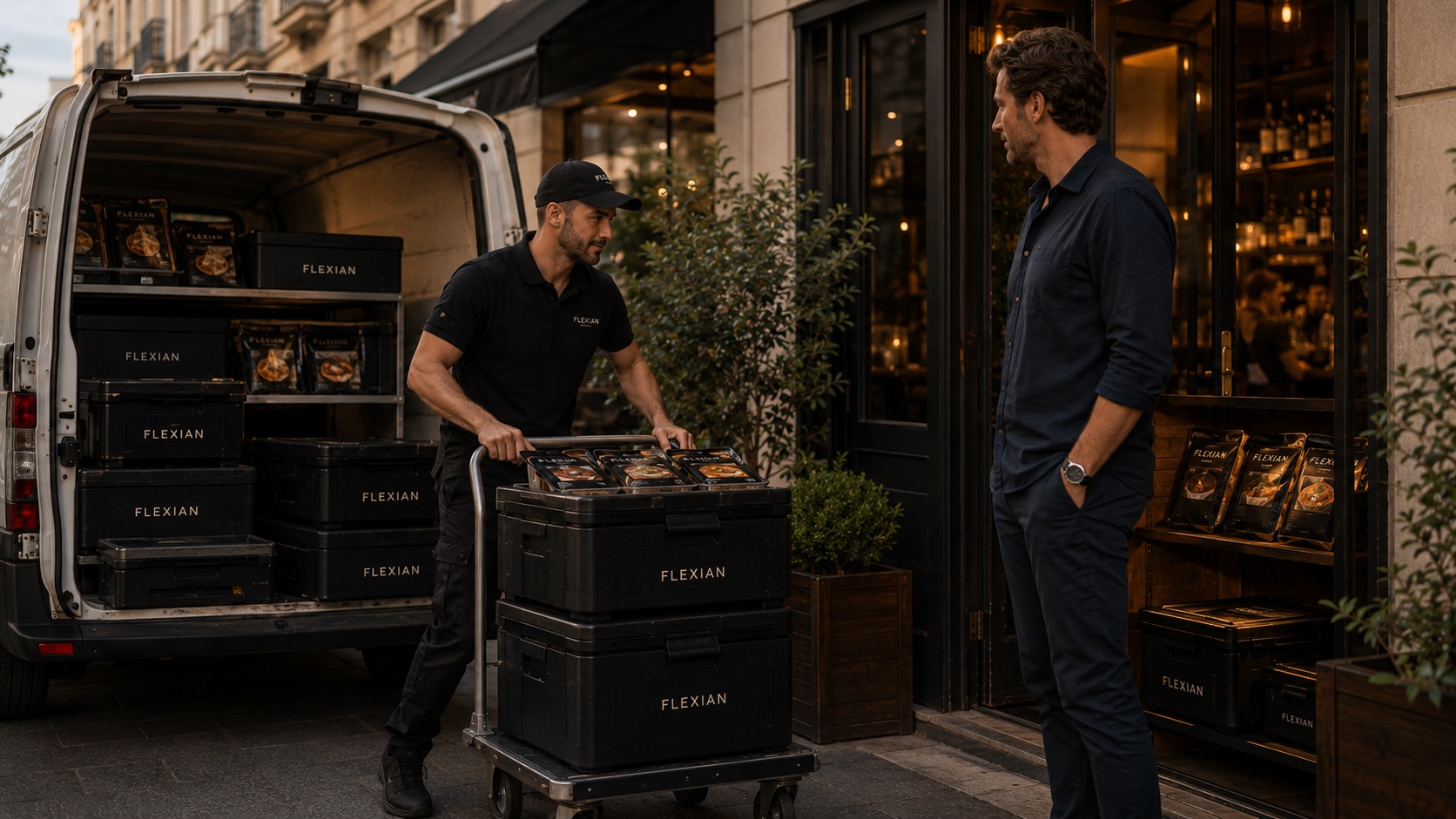 A Flexian courier replenishes a venue with fresh crates of meals.