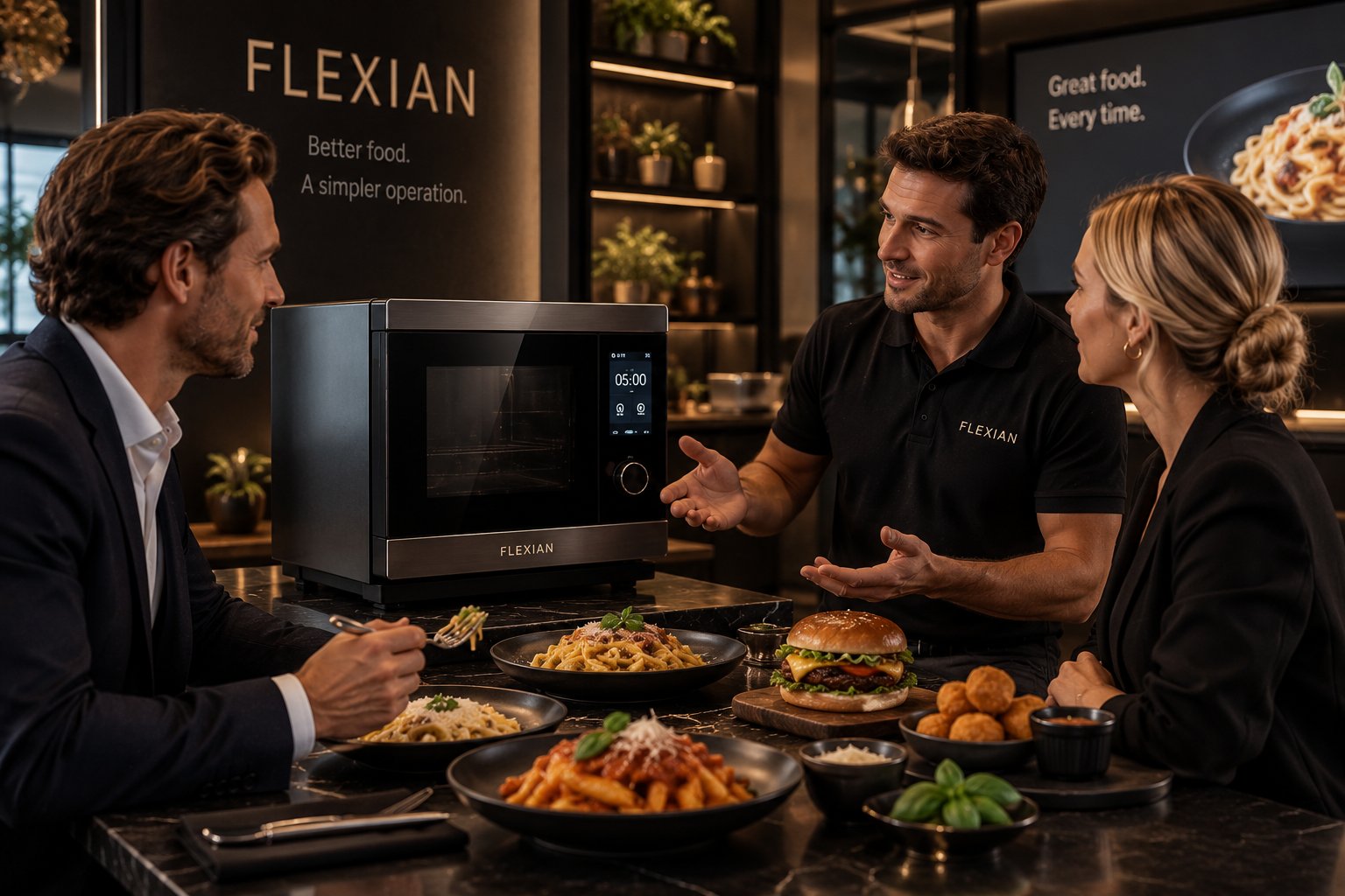 Customer tasting Italian meals during a Flexian technology demonstration.