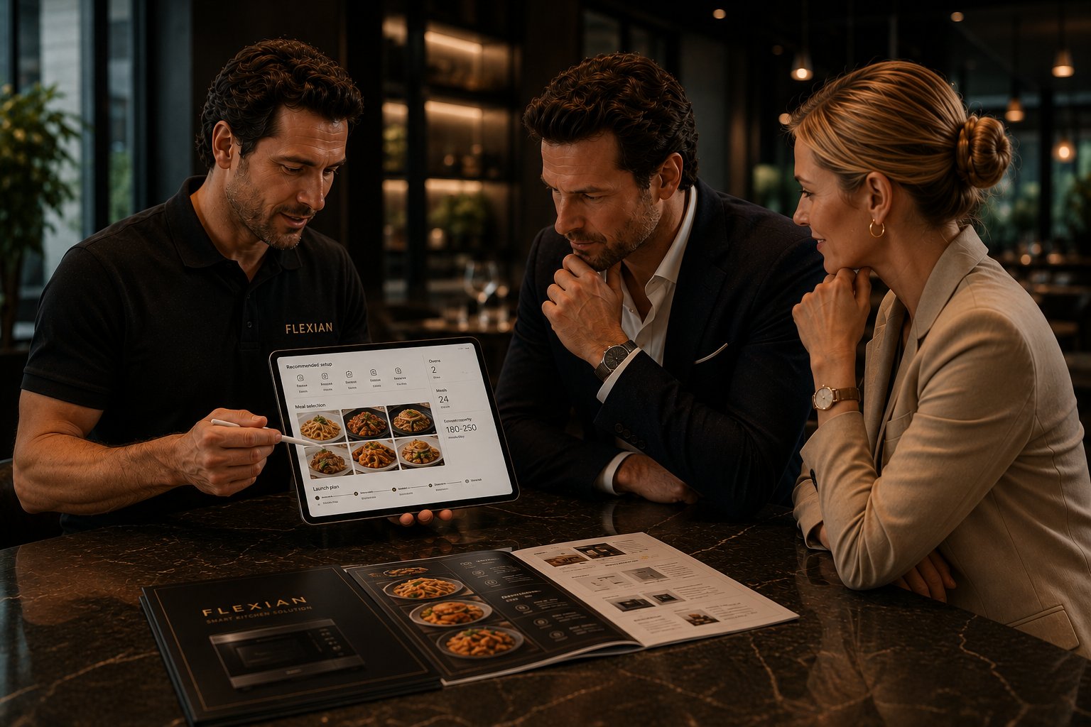 Flexian representative reviewing a proposed meal and oven setup with a hospitality operator.