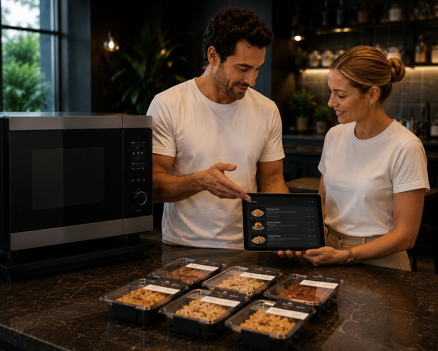 Hospitality staff learning to use the Flexian Smart Oven and customer interface.