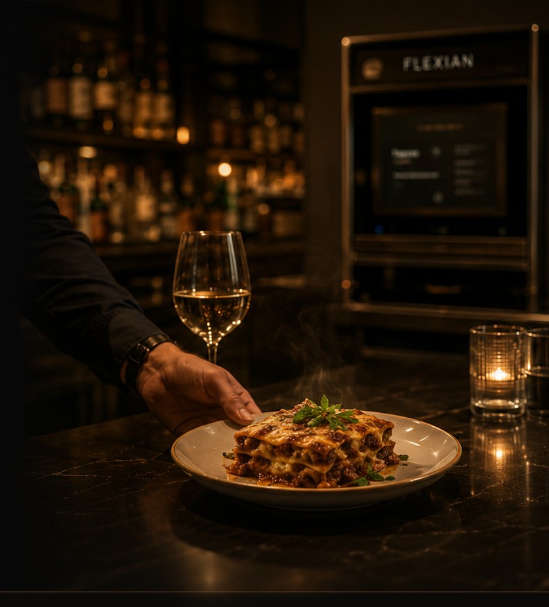 A hot Flexian lasagne served at the bar beside the smart oven.
